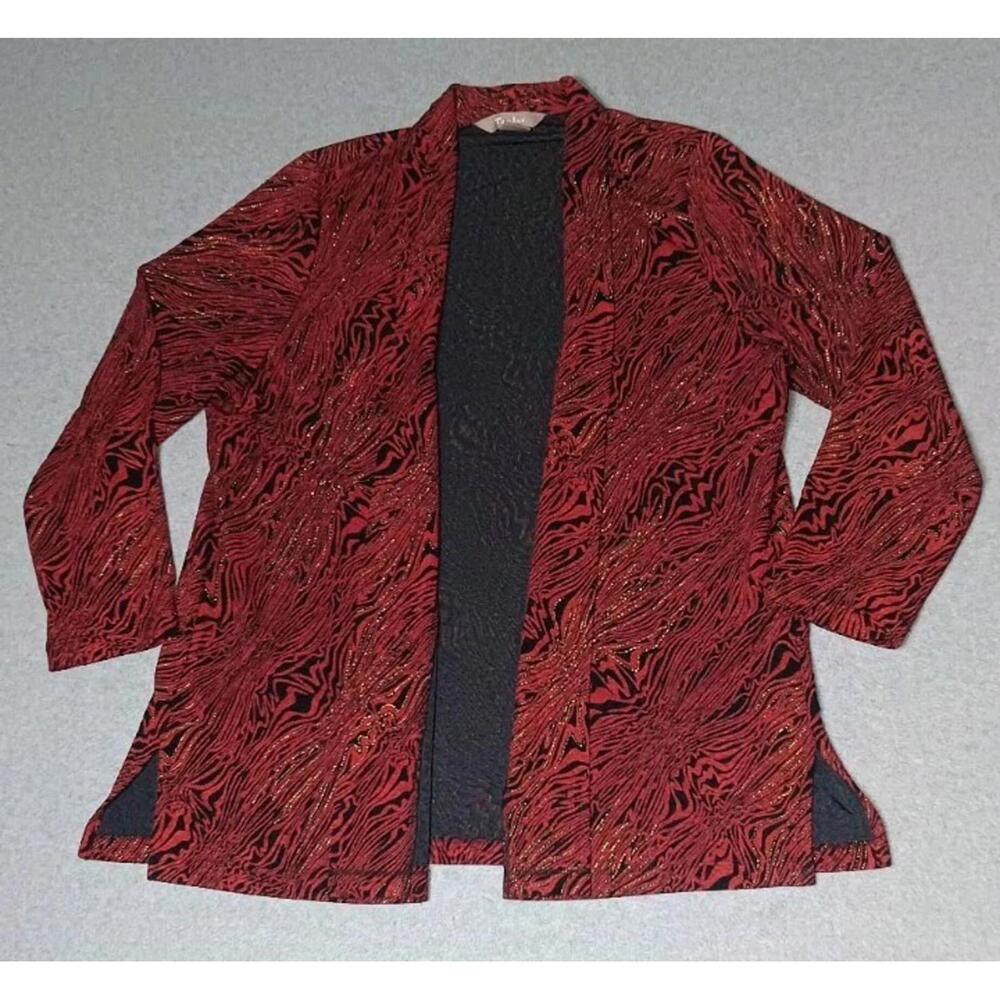 Tanjay Open Front Cardigan Womens Size XL Red Velvet Burnout Sparkly Glitter